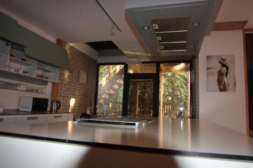 a kitchen with a counter top in front of a window at Champêtre Park View Apartments in Rīga