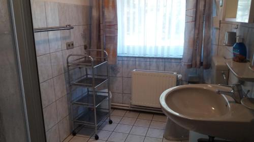 a bathroom with a sink and a toilet and a shower at Ferienwohnungen Vorwerk in Schneverdingen