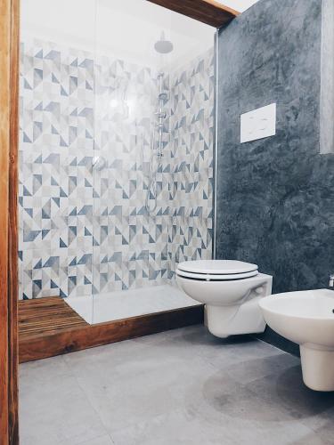 a bathroom with a shower and a toilet and a sink at Casa Anna in Ilbono