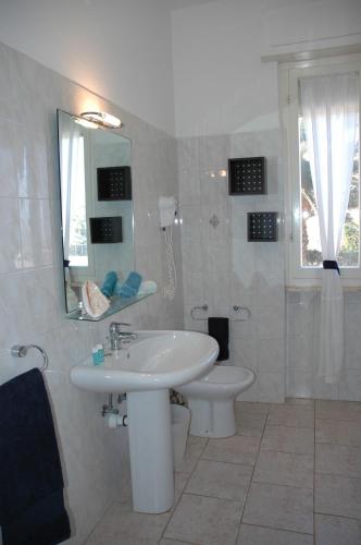 een badkamer met een wastafel, een toilet en een spiegel bij Ville Paola e Daniela in San Vincenzo