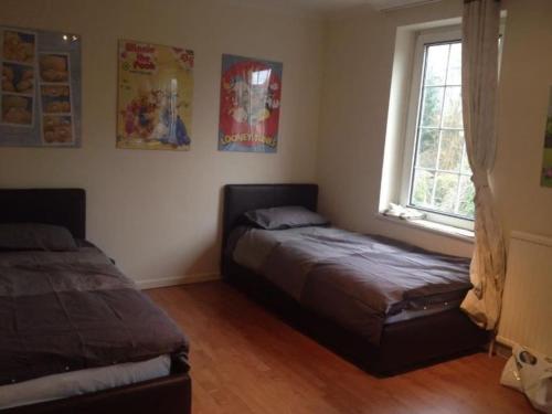 a bedroom with two beds and a window at Basingstoke Townhouse in Basingstoke