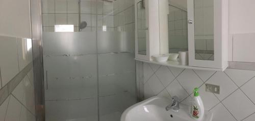 bagno con doccia, lavandino e specchio di A casa di Anastasia a Motta SantʼAnastasia