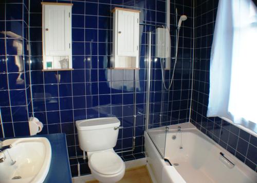 a blue tiled bathroom with a toilet and a sink at The Bank House Hotel in Uttoxeter