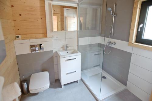 a bathroom with a shower and a toilet and a sink at Wrzosowa Polana - domki letniskowe in Mrzeżyno