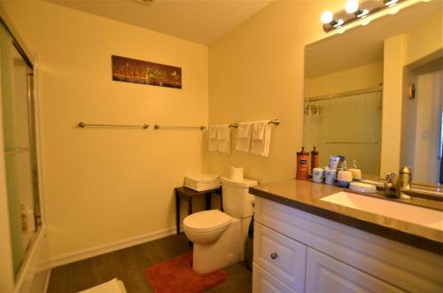 uma casa de banho com um WC, um lavatório e um espelho. em Gibralter Rock Ocean View B&B em Nanaimo