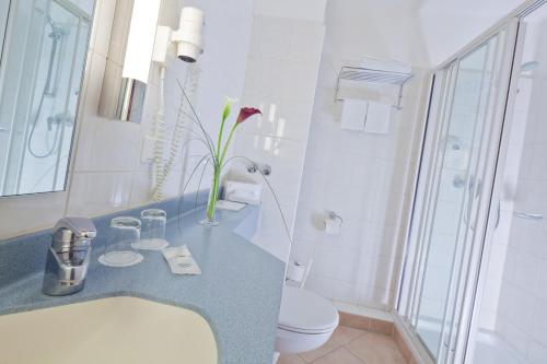 a bathroom with a sink and a toilet and a shower at Apartment-Hotel Hamburg Mitte in Hamburg