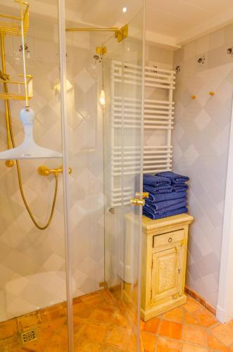 a shower with a glass door in a bathroom at Haus Seelord, Whg. Bootsmann in Braderup