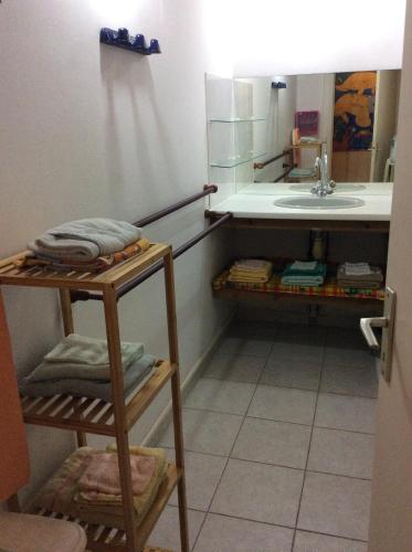 a bathroom with a sink and a counter with towels at kazAnne in Pointe-Noire