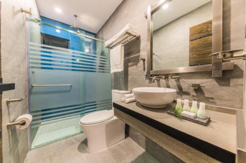 La salle de bains est pourvue de toilettes, d'un lavabo et d'une douche. dans l'établissement Matian Hotel Boutique, à Tequisquiapan