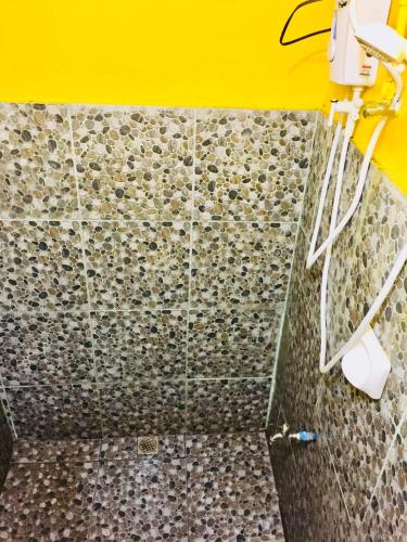 a bathroom with a shower with a tiled wall at Lanzones Cabana in Mambajao