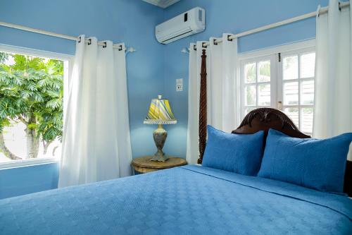 奧喬里奧斯的住宿－Ocho Rios Beach Front Condos，蓝色的卧室设有床和窗户