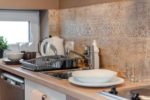 eine Küchentheke mit einem Geschirrständer und einer Spüle in der Unterkunft Bestes apartamenti in Kocēni