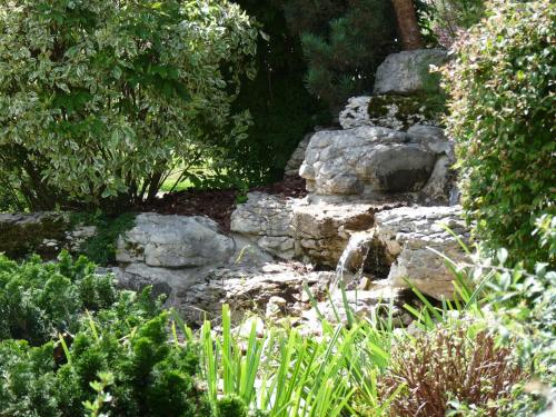 a stone path in a garden with plants at Hotel Restaurant Le Petit Kohlberg in Lucelle