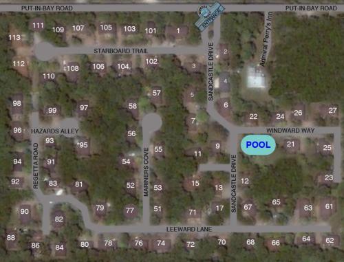 un mapa de la ubicación aproximada de una piscina en Island Club #71, en Put-in-Bay