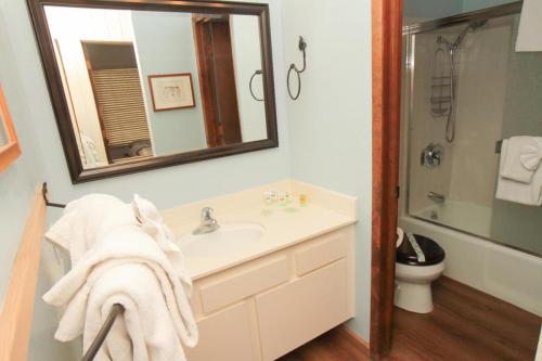 a bathroom with a sink and a toilet and a mirror at Discovery 4 #115 in Mammoth Lakes