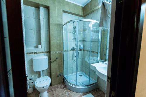a bathroom with a shower and a toilet and a sink at Hotel Ferdinand in Constanţa