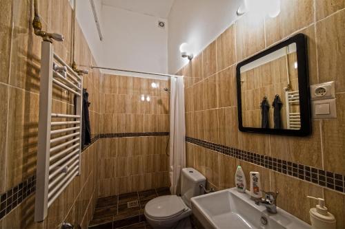 ブダペストにあるNo. 11 Apartment with 2 bathrooms next to railway stationのバスルーム(トイレ、洗面台、鏡付)