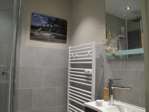 La salle de bains est pourvue d'une douche et d'un lavabo. dans l'établissement FEWO Muschel, à Glücksburg