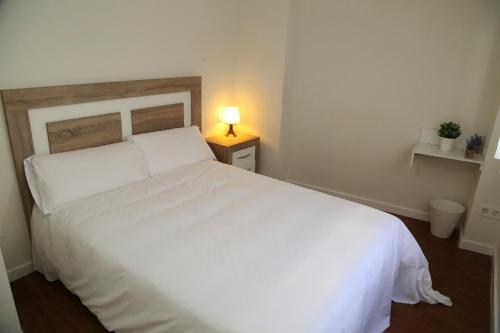 Apartamentos Turísticos Puente Romano P2 2-A في سلامنكا: سرير أبيض في غرفة صغيرة بها مصباح