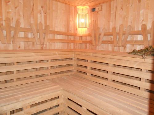 an empty wooden sauna with a light on the ceiling at Emerald House in Mykulychyn