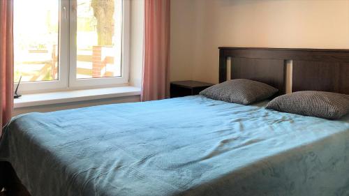 sypialnia z łóżkiem z niebieską pościelą i oknem w obiekcie Lux Garden Apartment w Kołobrzegu