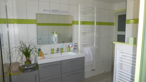 a bathroom with a sink and a mirror at Bienvenue à la Frémigère in Jonzac