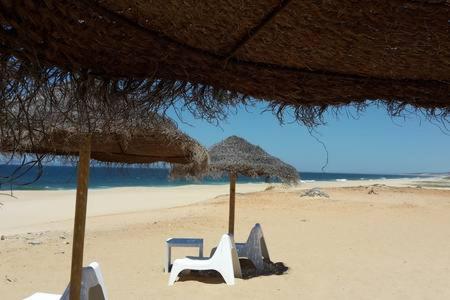 two chairs and an umbrella on a beach at Monte da Linda, 5 mins from Melides beach in Melides