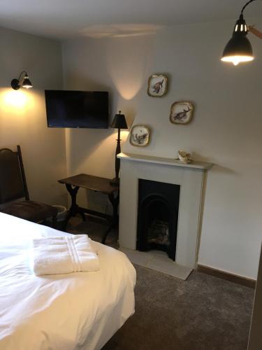 a bedroom with a fireplace and a bed and a tv at Black Horse in Amberley