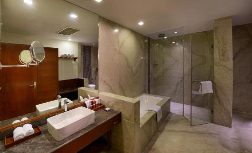 uma casa de banho com um lavatório e um chuveiro em Lords Plaza Jaipur em Jaipur