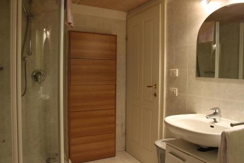 uma casa de banho com um lavatório, um chuveiro e um espelho. em Soliman em Bressanone