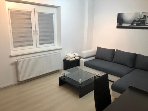 ein Wohnzimmer mit Sofa und Couchtisch in der Unterkunft The Place in Ljubljana