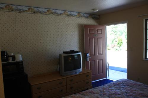 a bedroom with a tv on a dresser and a door at Mother Lode Motel in Placerville