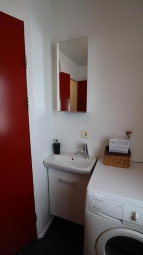 a bathroom with a sink and a mirror at Sandhaugar Guesthouse in Kiðagil