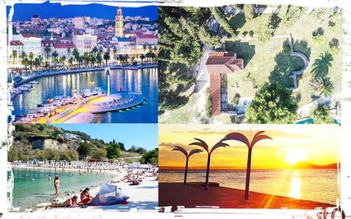 a collage of photos of a beach and a city at IBIS Your Cosy Oasis With Private Parking and Patio in Split