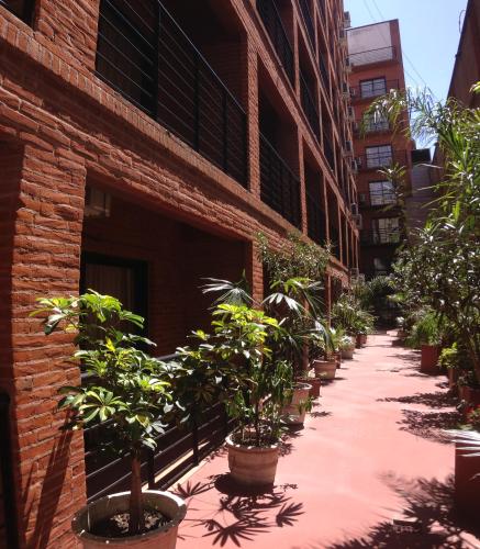 Duomi Hotel Buenos Aires في بوينس آيرس: صف من النباتات الفخارية على جانب المبنى