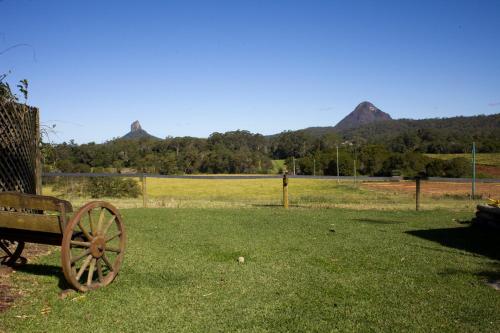 a wooden bench sitting in the grass with mountains in the background at Blackwattle Farm in Beerwah