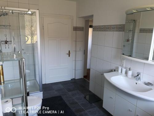 een badkamer met een wastafel, een douche en een spiegel bij Luxuriöse Ferienwohnung im Herzen des Sauerlandes in Meschede