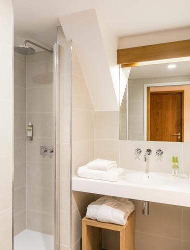 a bathroom with a sink and a shower at Abbaye de Royaumont in Viarmes