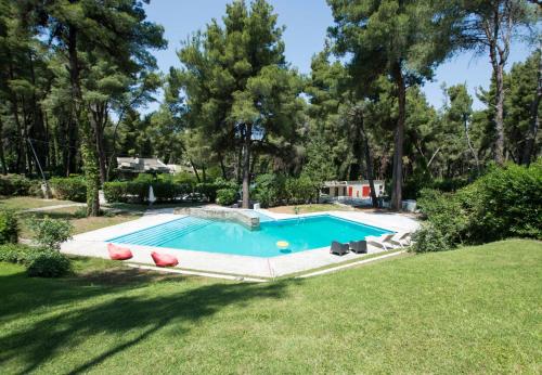 una piscina en un patio con árboles en Villa Aurora in Sani with garden and pool, en Sani Beach
