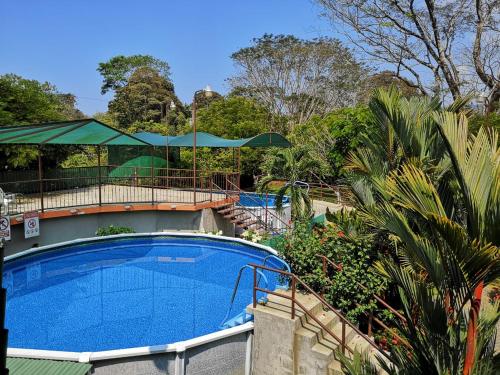 a large swimming pool with a green umbrella next to trees at Hotel Cabinas el Tecal in Uvita