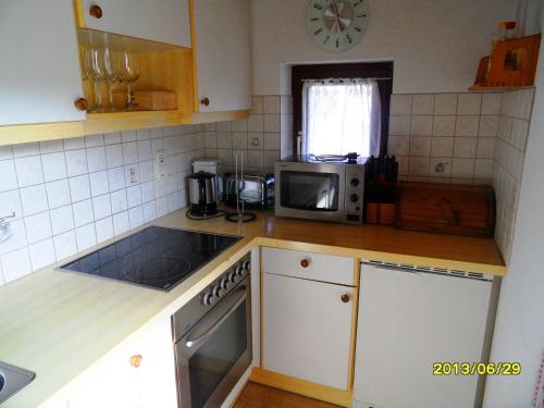 a kitchen with a counter top with a microwave at Apartment Silvia Cijan in Hallstatt