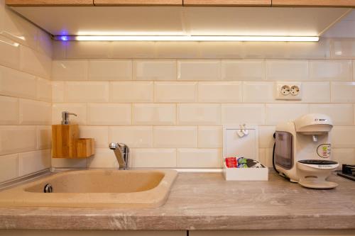 un bancone della cucina con lavandino e frullatore di International Aparthotel a Cluj-Napoca