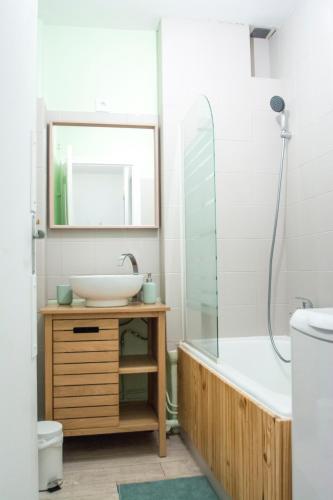 une salle de bain avec un lavabo, une baignoire et un miroir dans l'établissement Appartement hypercentre Tarbes, à Tarbes