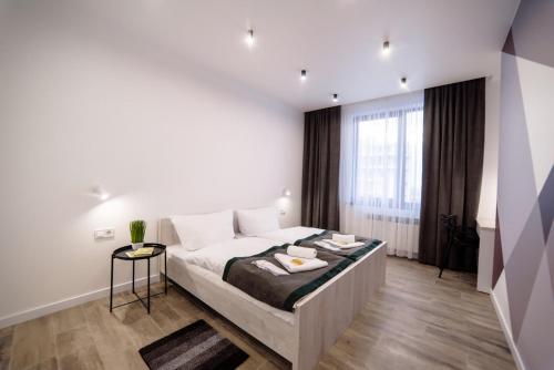 a bedroom with a bed and a large window at Університетська вулиця Апартам in Uzhhorod