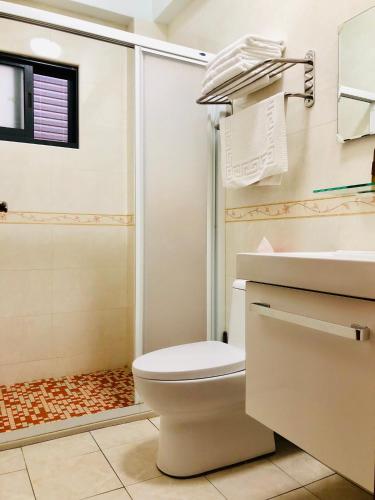 a bathroom with a toilet and a shower and a sink at Guang Cyuan homestay in Magong