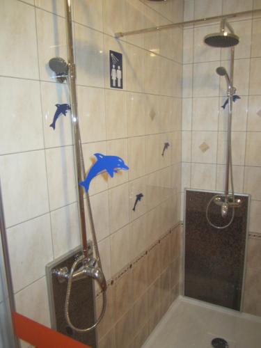 a shower with birds on the wall of a bathroom at Apartments Villa Bella Vista Hvar in Hvar
