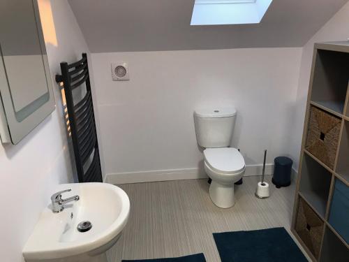 a bathroom with a white toilet and a sink at Pepperpot Cottage in Skipton