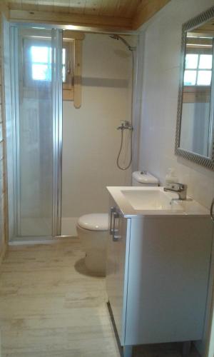 a bathroom with a toilet and a sink and a shower at Casita de madera junto al mar in El Puerto de Santa María