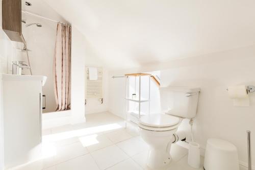 a white bathroom with a toilet and a shower at The Hive House - Large Light-Flooded 6BDR Townhouse in Bath
