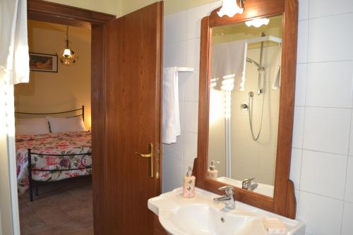 baño con lavabo, espejo y cama en Podere dei maddii, en Roccastrada